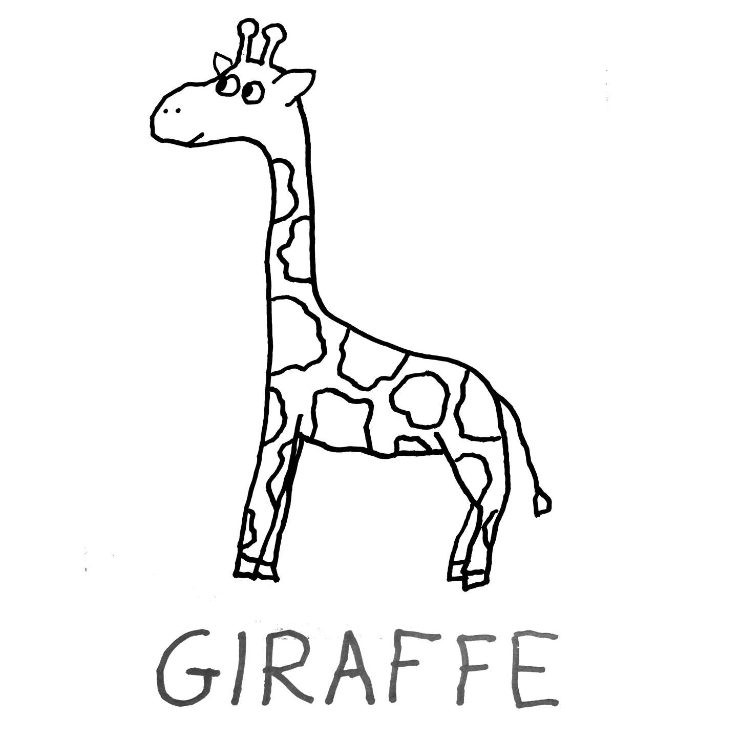 Simple black and white line drawing of a giraffe with 'GIRAFFE' text below.
