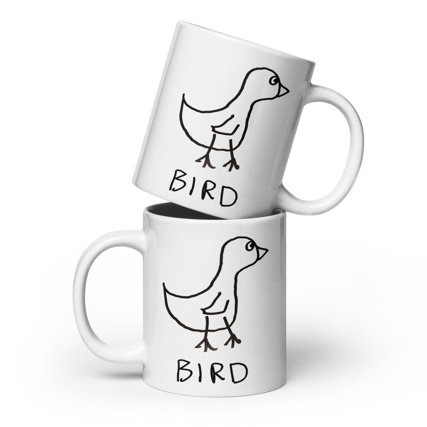 Two coffee mugs stacked on a white background, each featuring a crude marker drawing of a bird with the word "Bird" underneath
