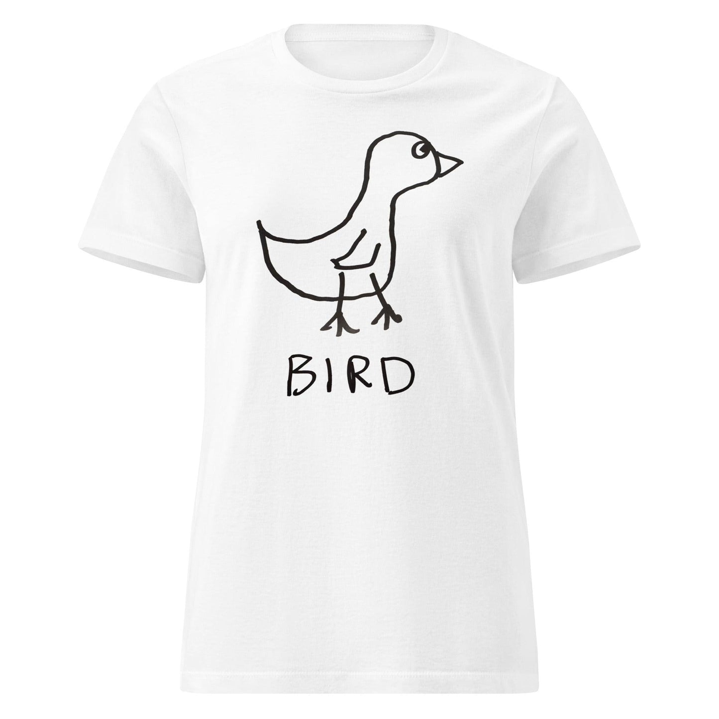 A women's fitted tee shirt with a crudely drawn black marker drawing of a bird with the word "Bird" underneath