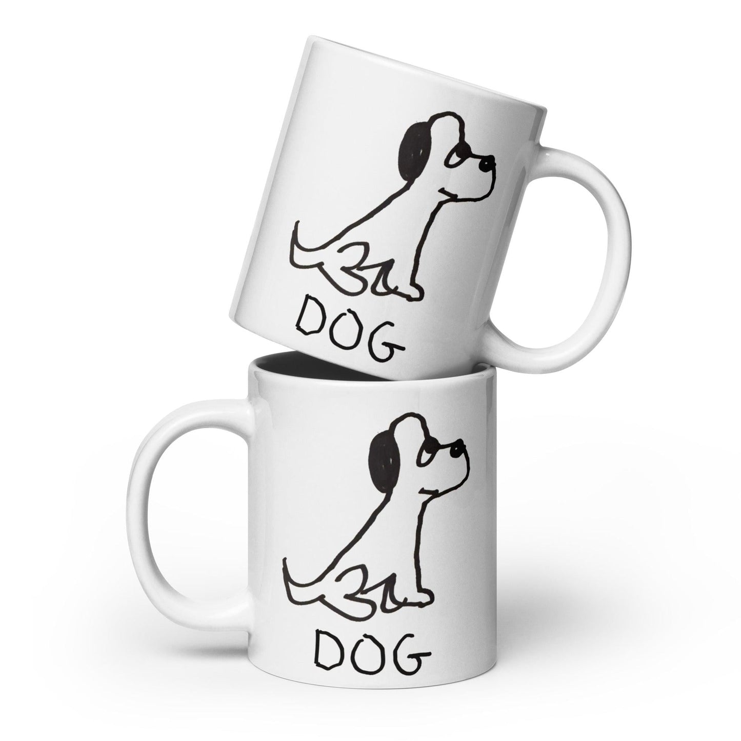 two white coffee mugs stacked both featuring a crude marker black and white marker drawing of a cute dog with the word "DOG" handwritten underneath