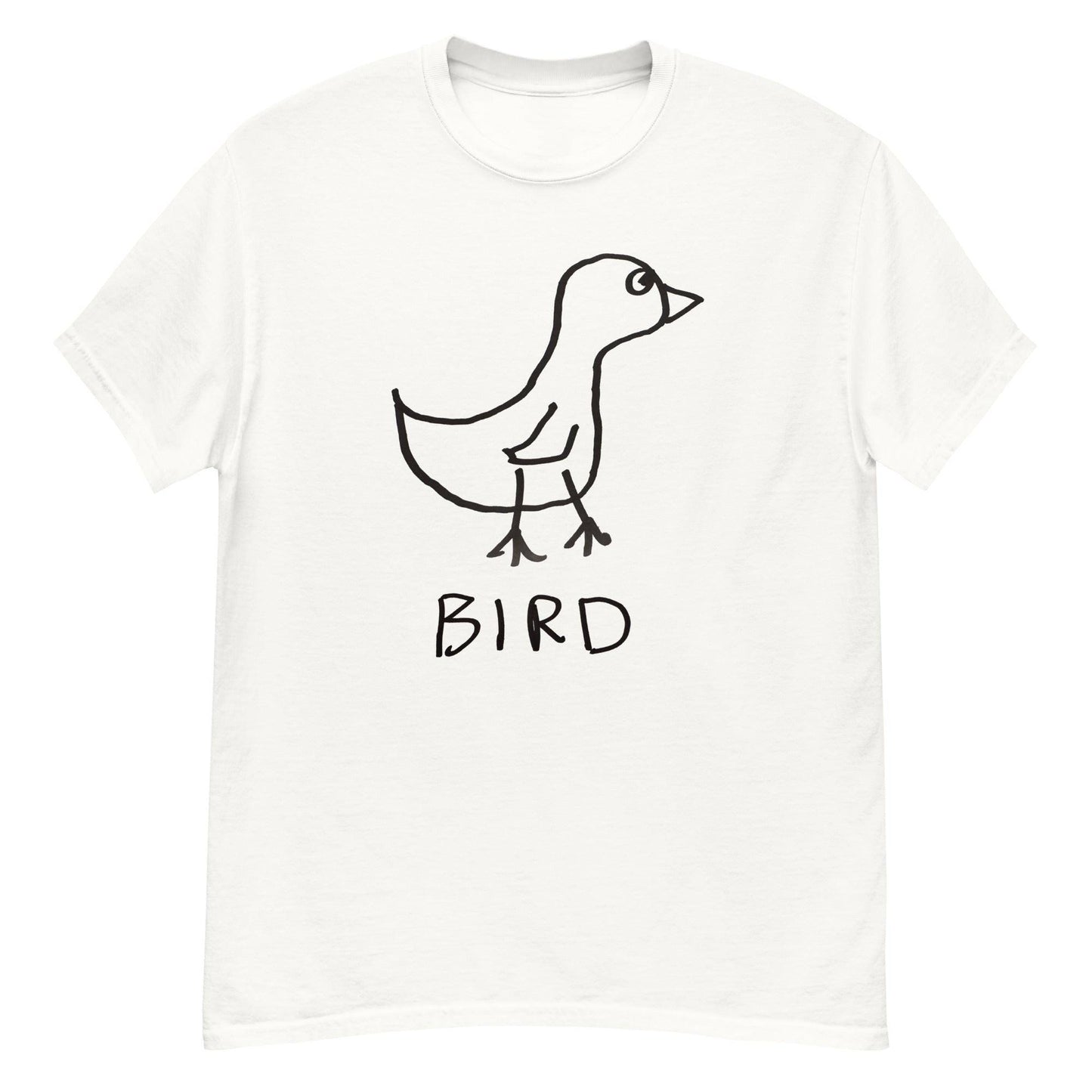 a white classic tee shirt featuring a crude marker drawing of a bird with the word "Bird" underneath