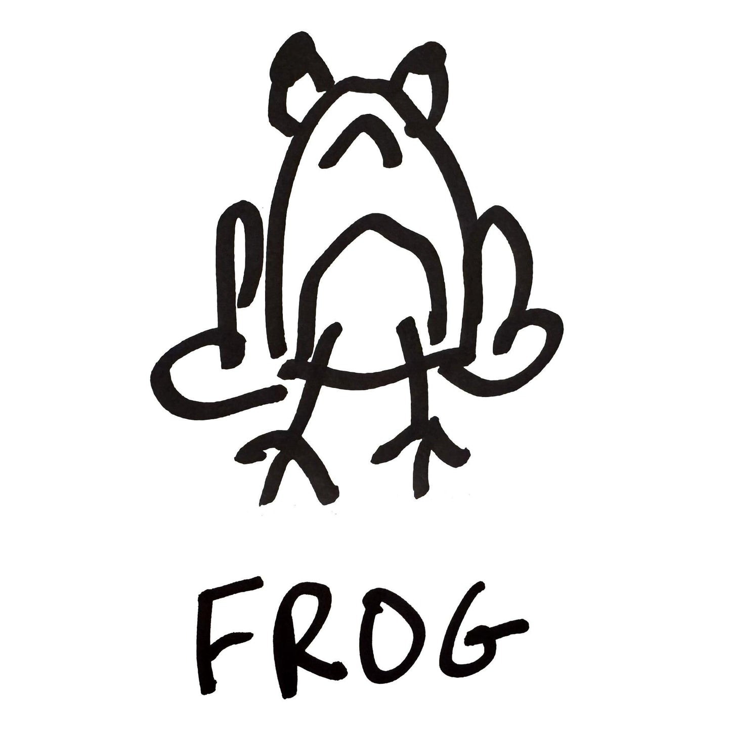 a crude but cute black and white marker marker drawing of a cute frog with the word “FROG” handwritten underneath