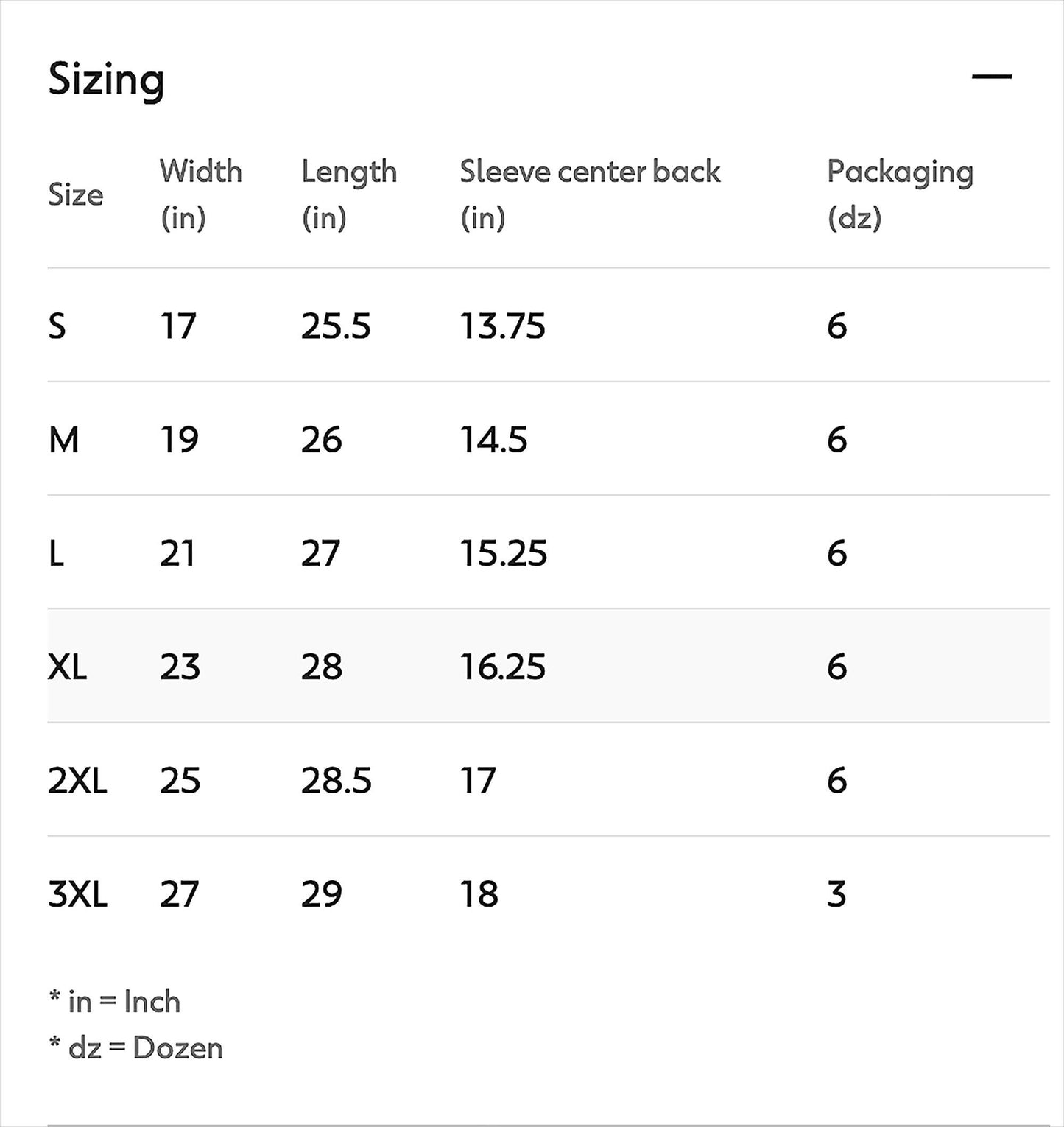 Sizing chart for clothing with dimensions and packaging quantities.