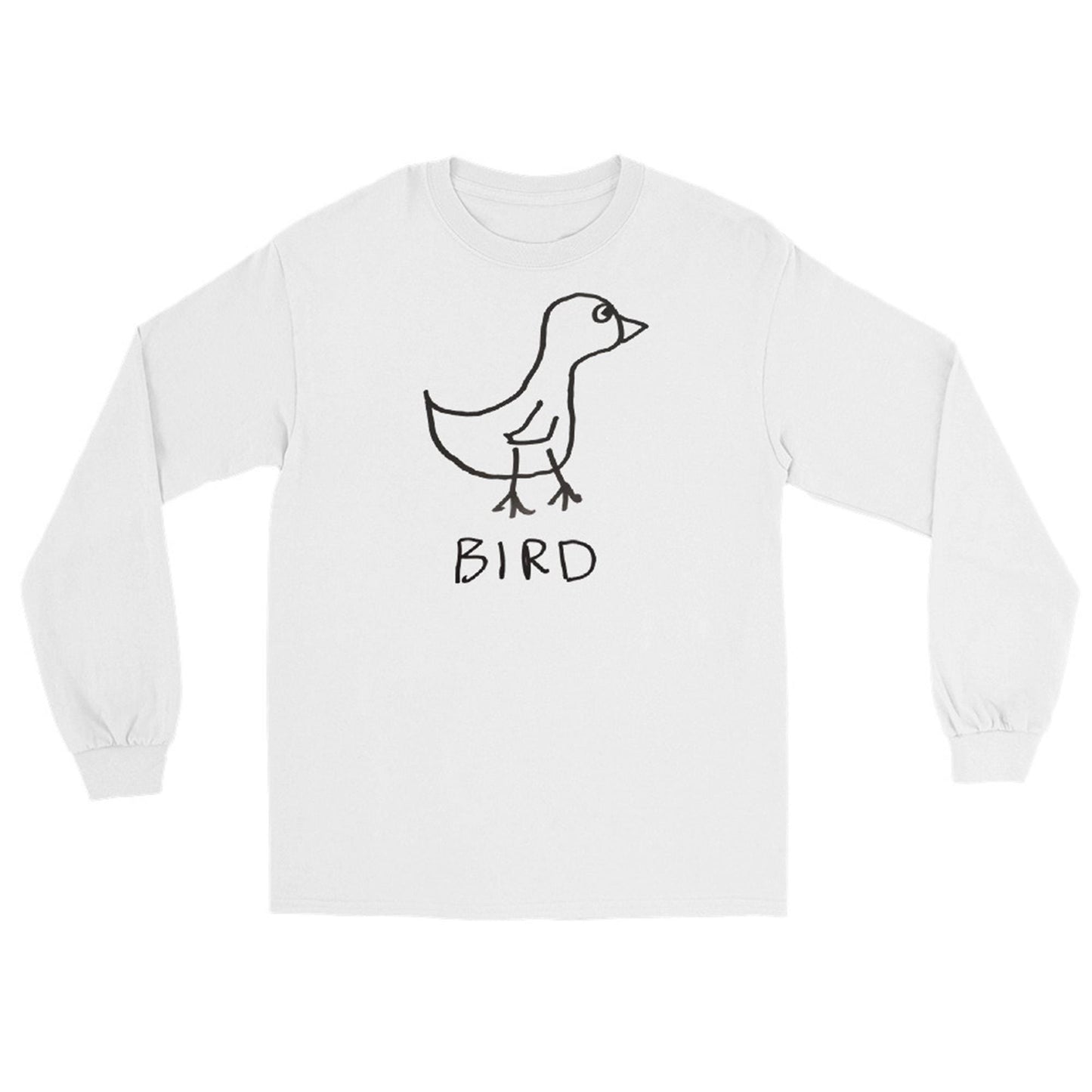 White long-sleeve shirt featuring a crude marker drawing of a bird with the word "Bird" underneath