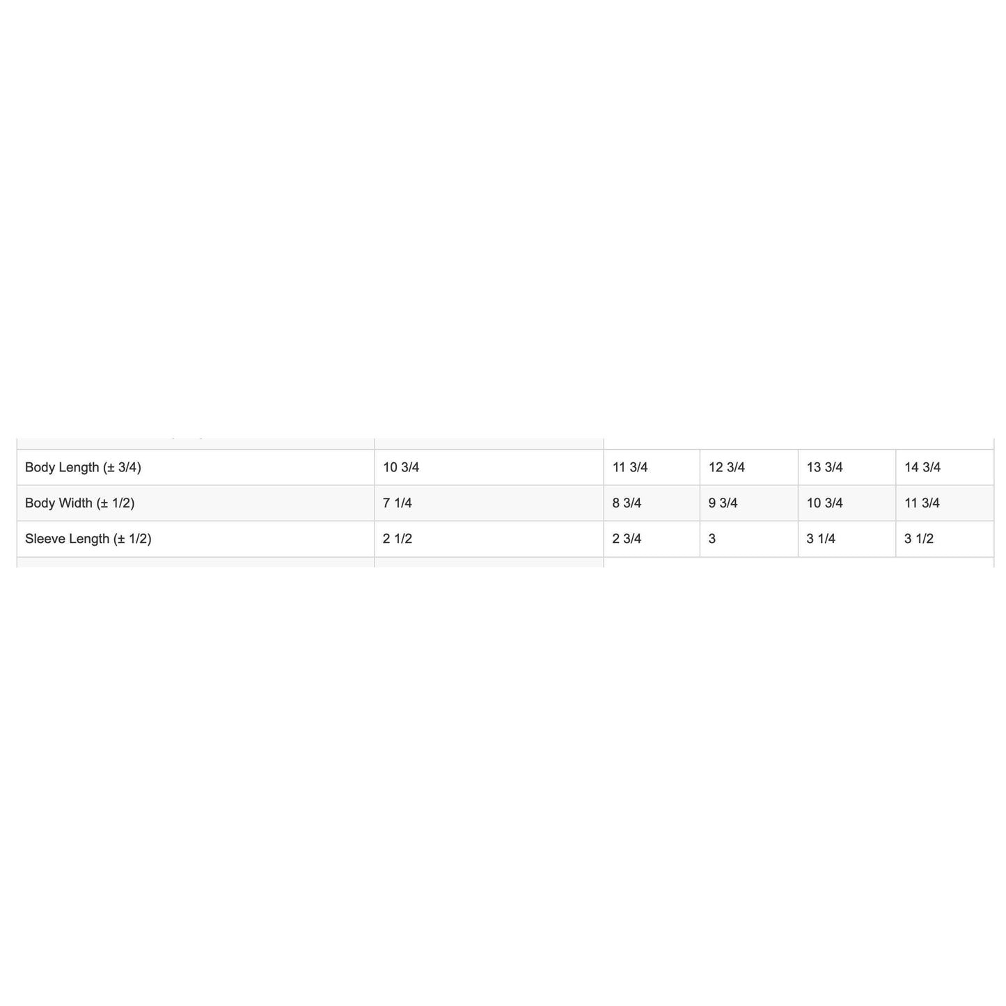 Measurement chart for clothing sizes with dimensions listed.