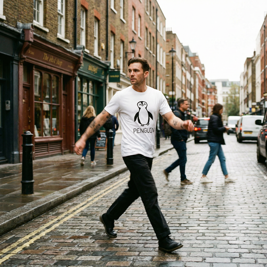 Penguin graphic tee worn on city street – lofi animal shirt streetwear style