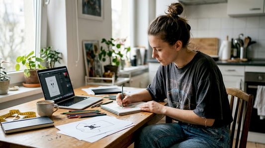 Designer sketching minimalist graphic t-shirt mockups