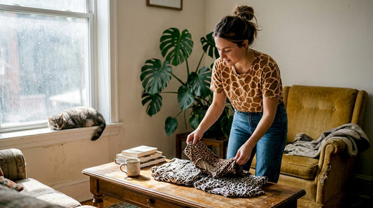 Woman sorting quirky animal-print shirts in living room