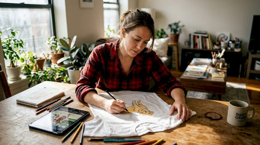 Designer sketching animal on shirt at kitchen table