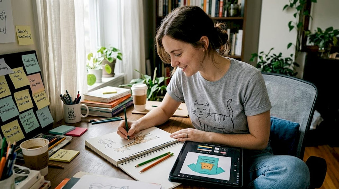 Designer sketching animal pun shirt ideas