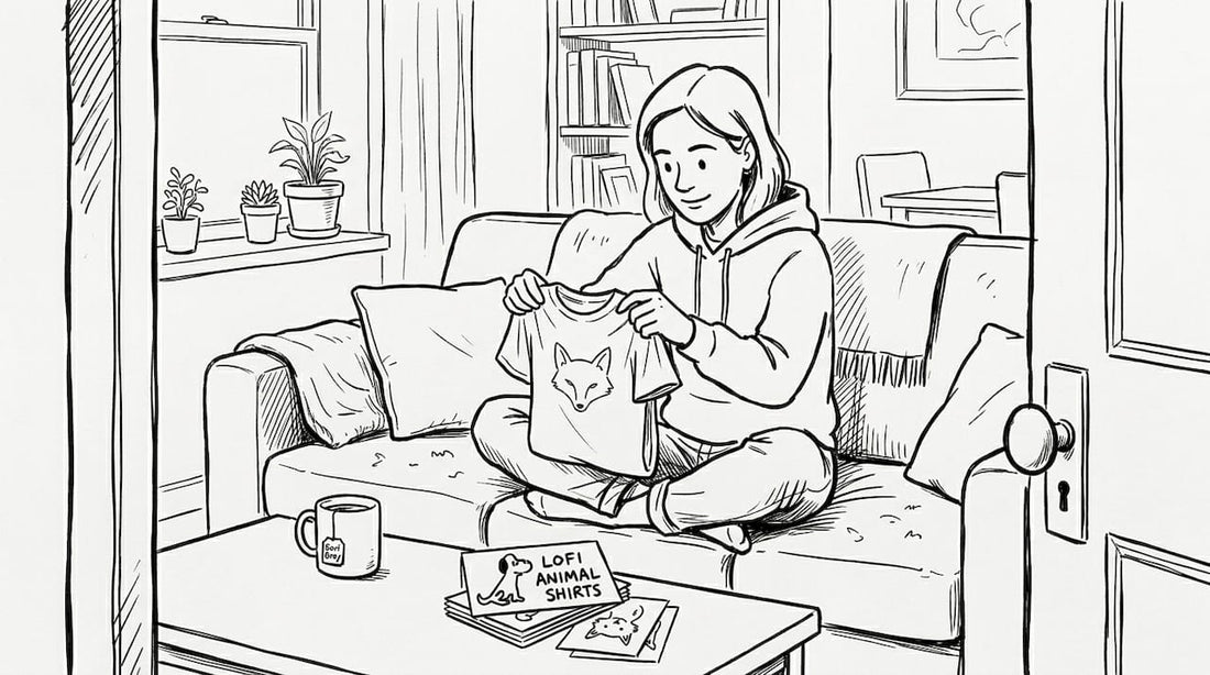 Woman folding minimalist animal shirt in cozy living room