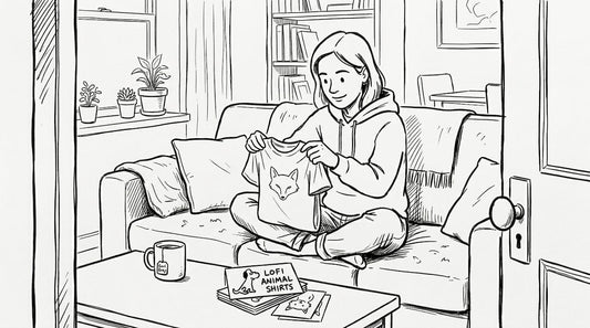 Woman folding minimalist animal shirt in cozy living room