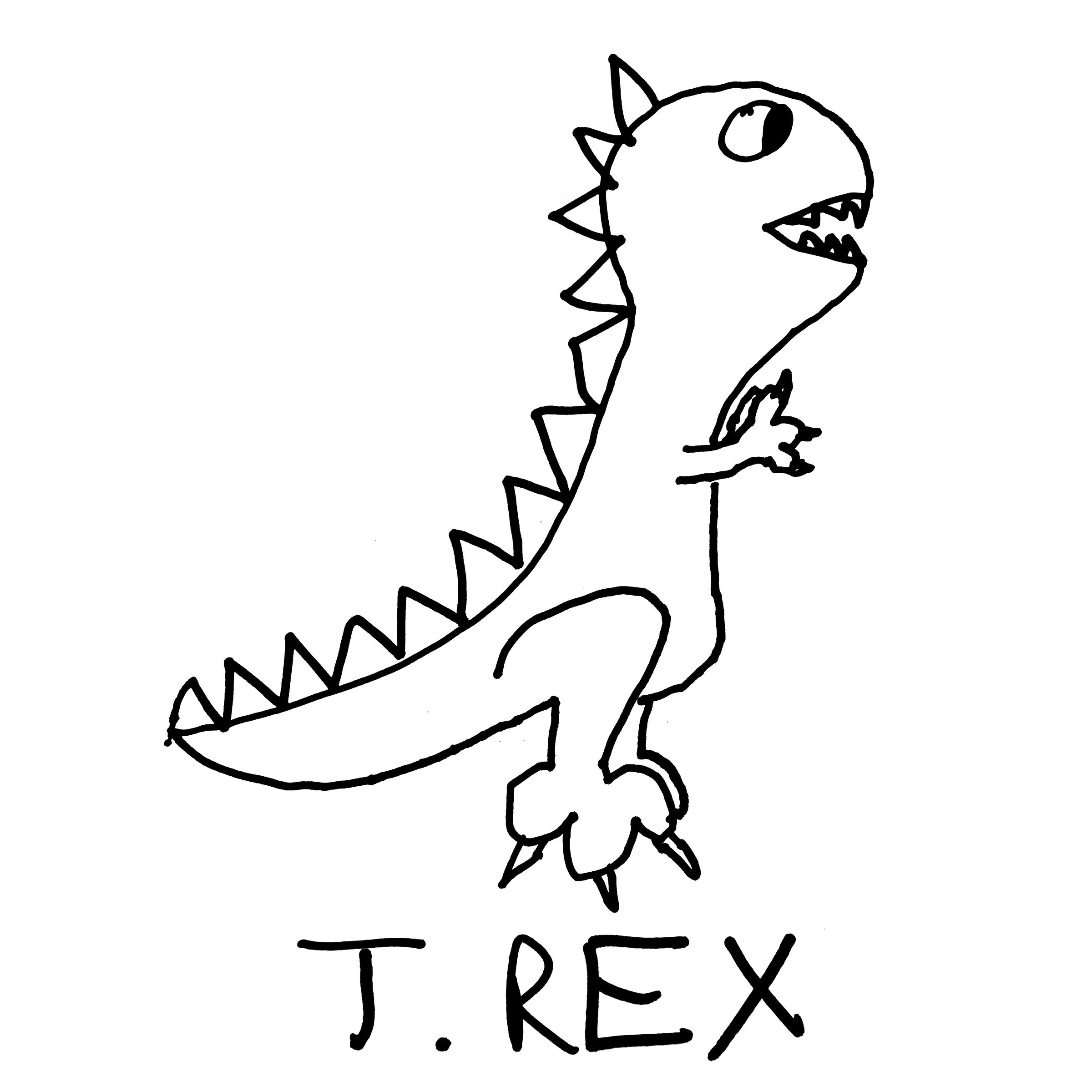 lo-fi hand-drawn graphic of a cartoon T. Rex Tyrannosaurus Rex Dinosaur,, with handwritten text reading "T.REX" in all caps