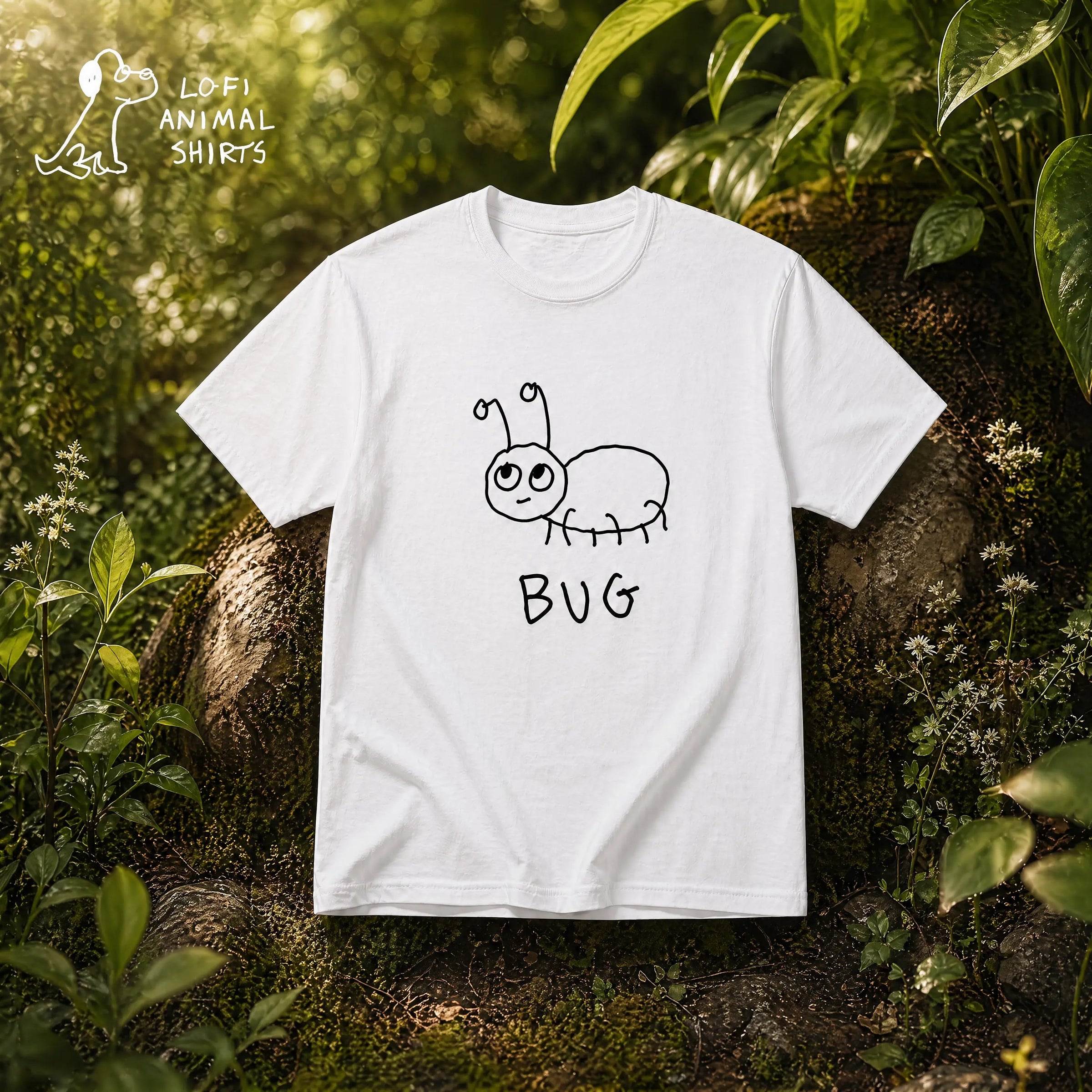 Bug - LoFi Animal Shirts - White t-shirt with a hand drawn lo-fi bug graphic, floating over a forest background
