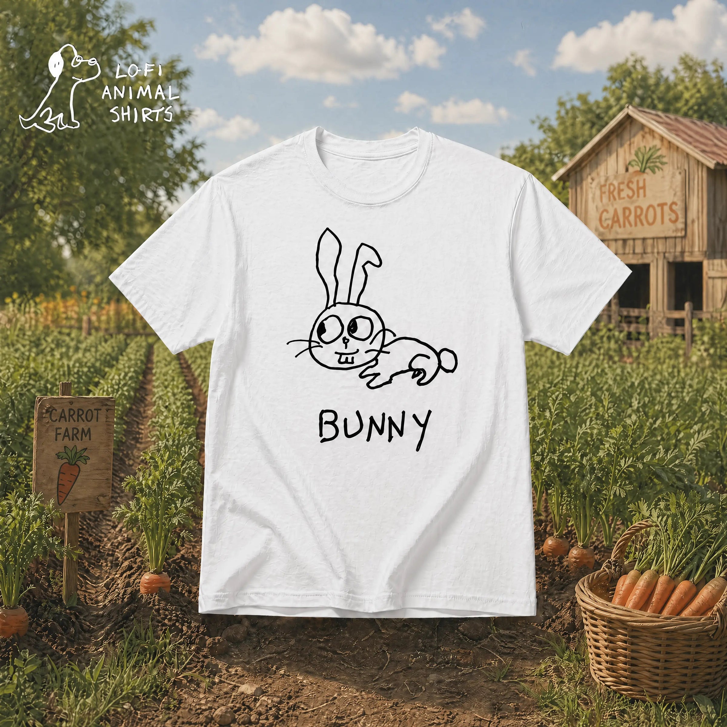 Bunny - LoFi Animal Shirts - White t-shirt with a hand drawn lo-fi bunny graphic, floating over an carrot farm background