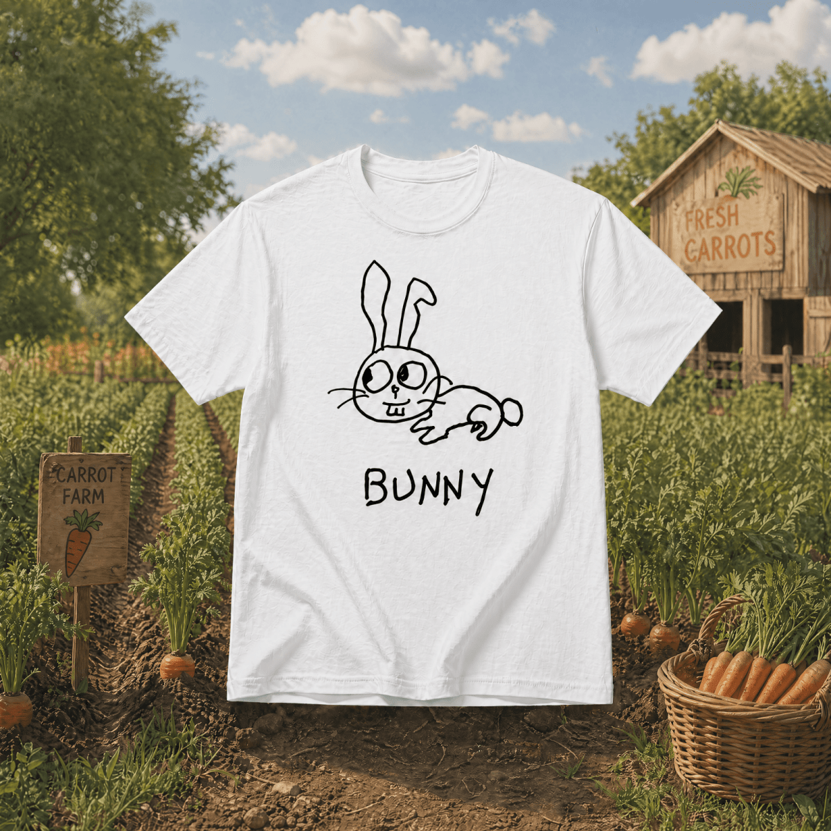 Bunny - Lo-fi Animal Shirts - White t-shirt with a hand drawn lo-fi bunny graphic, floating over an carrot farm background
