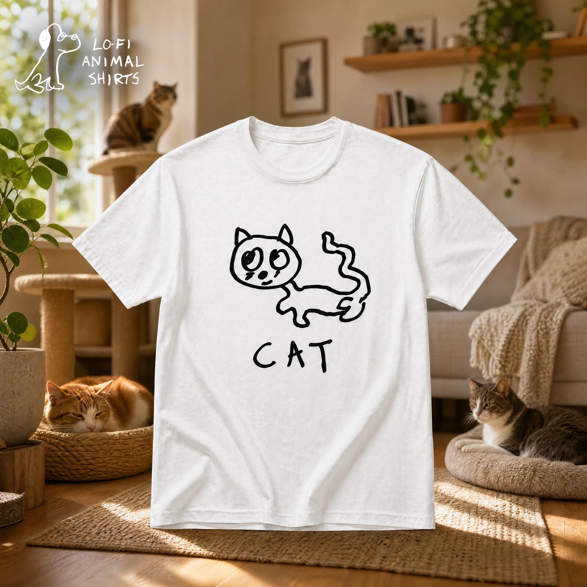 Cat - LoFi Animal Shirts - White t-shirt with a hand drawn lo-fi cat graphic, floating over a living room full of more cats