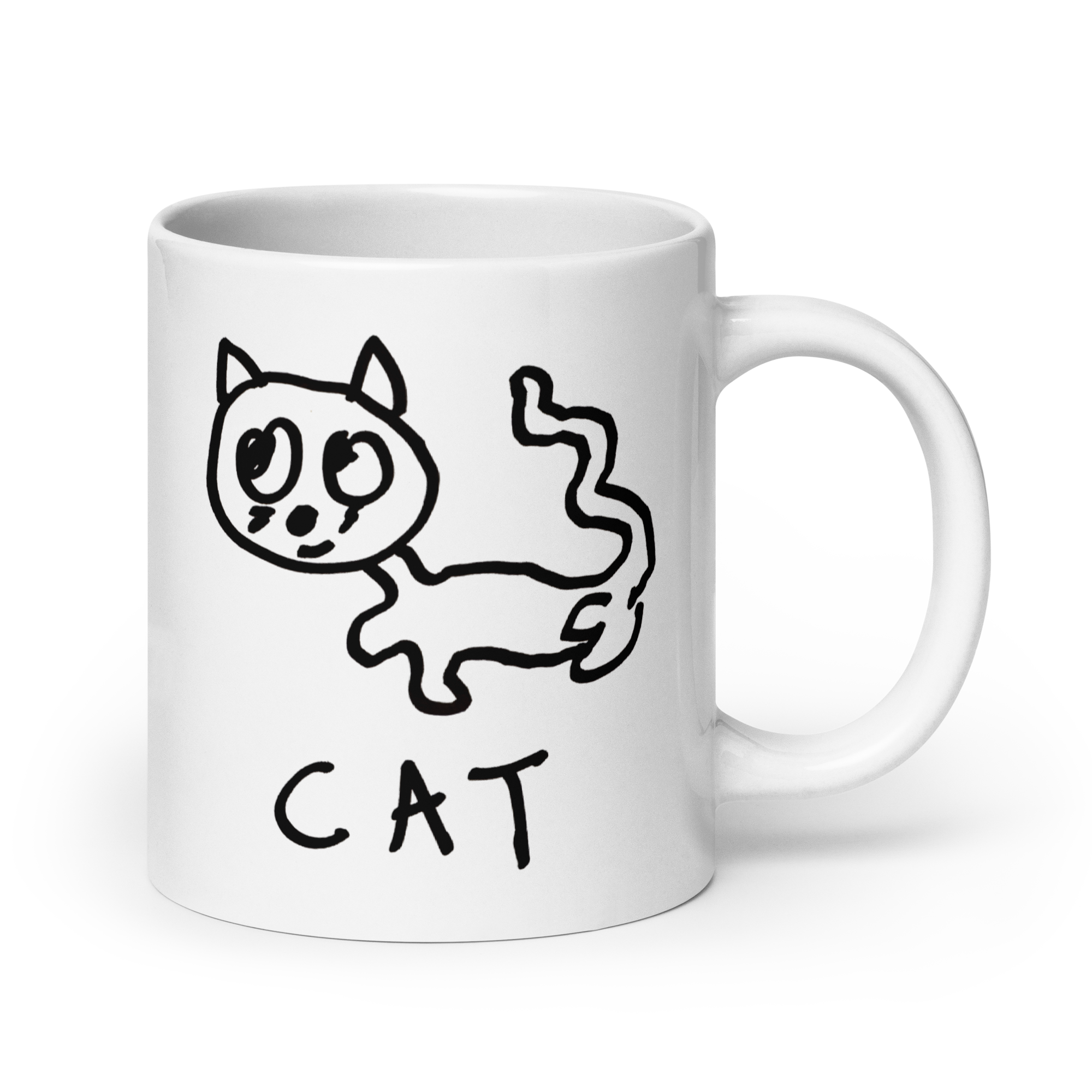 20 oz. white ceremic coffee mug with lo-fi hand-drawn cat graphic and text "CAT"