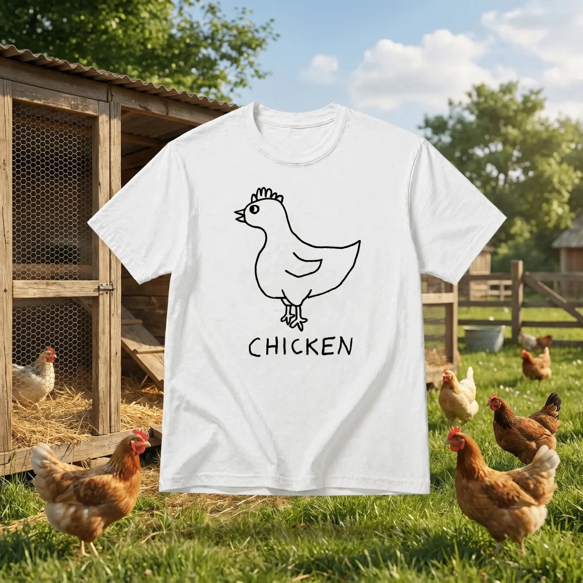 Chicken - Lo-fi Animal Shirts - white t-shirt with a lo-fi hand-drawn chicken graphic, floating over a backyard farm background