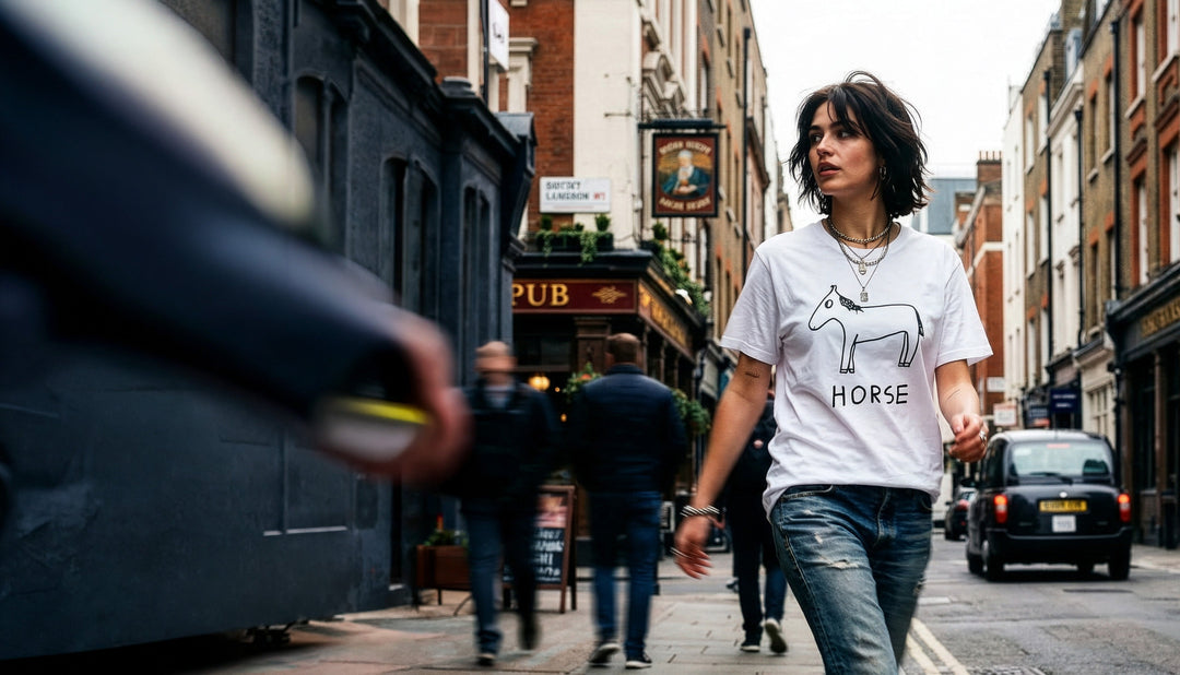 Classic Tees - LoFi Animal Shirts - woman walks through London wearing a white t-shirt with a lo-fi hand-drawn horse graphic