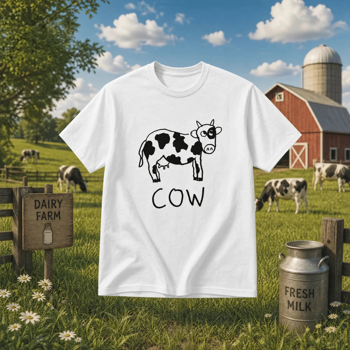Cow - Lo-fi Animal Shirts - white t-shirt with a lo-fi hand-drawn cow graphic, floating over a pasture background