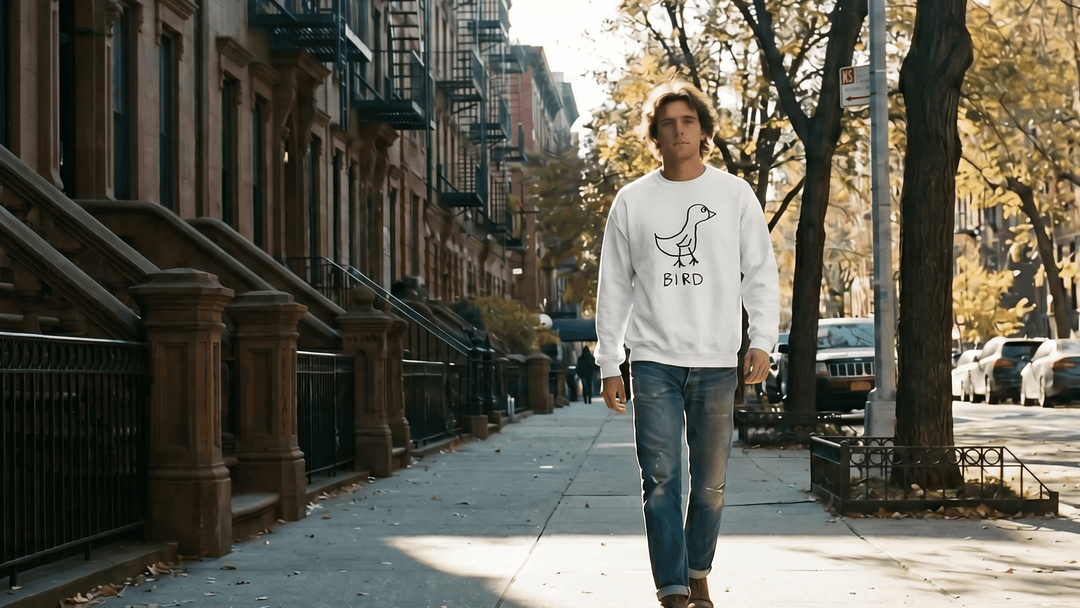 Crewneck Sweatshirts - LoFi Animal Shirts - a man wearing a white crewneck sweatshirt walking down a city street