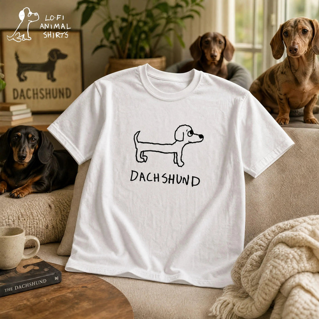 Dachshund - LoFi Animal Shirts -  white t-shirt with a lo-fi hand-drawn dachshund graphic, with dachshunds in the background