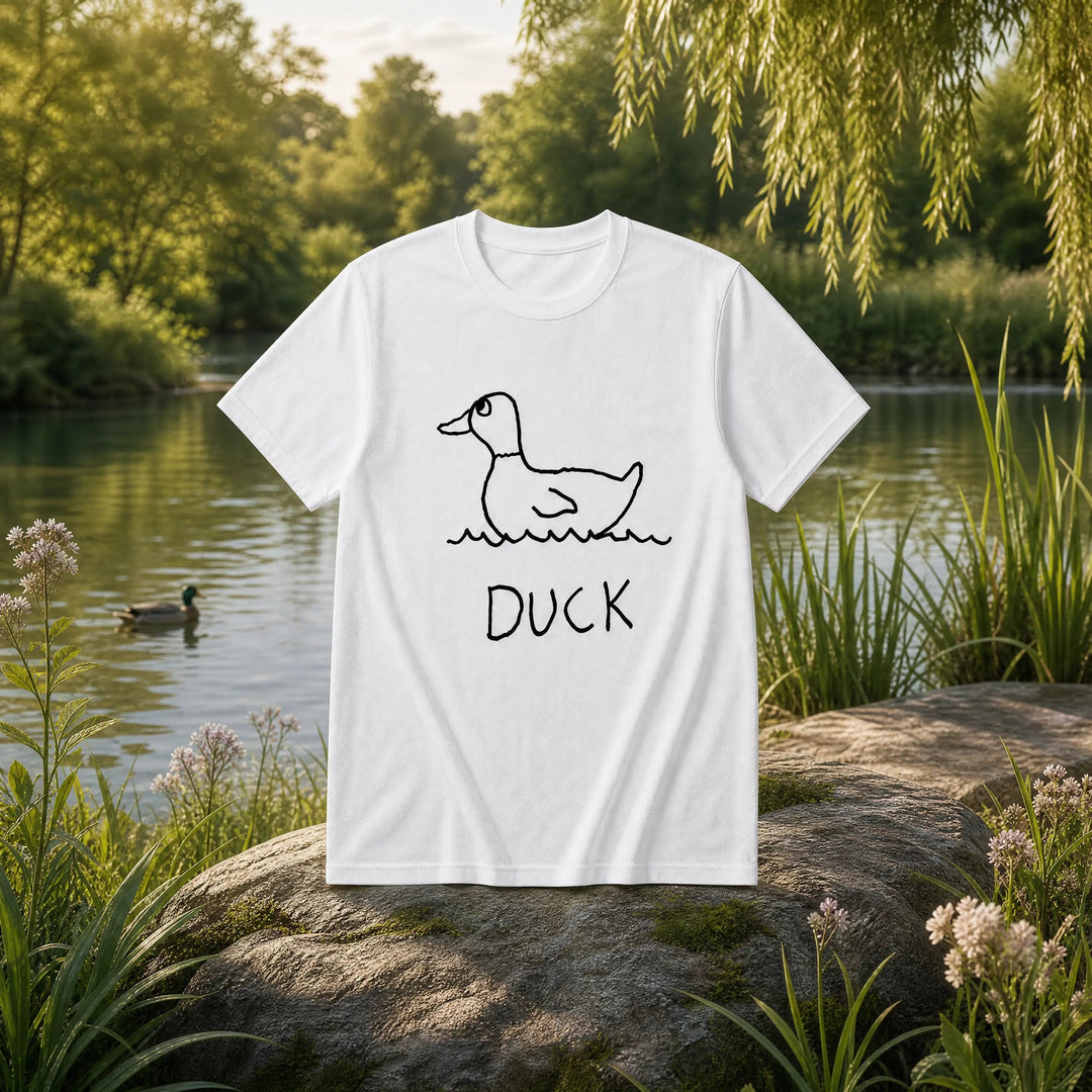 Duck - LoFi Animal Shirts - A white classic t-shirt with a hand-drawn lo-fi graphic of a duck, " with a duck pond background