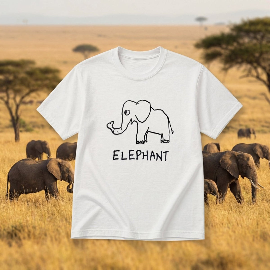 Elephant - Lo-fi Animal Shirts - a white t-shirt with a lo-fi hand-drawn elephant floats over an African plains background.