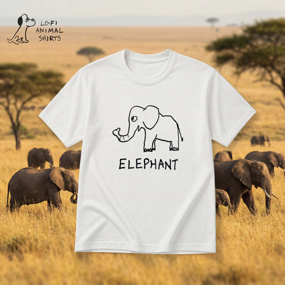 Elephant - LoFi Animal Shirts - a white t-shirt with a lo-fi hand-drawn elephant floats over an African plains background.