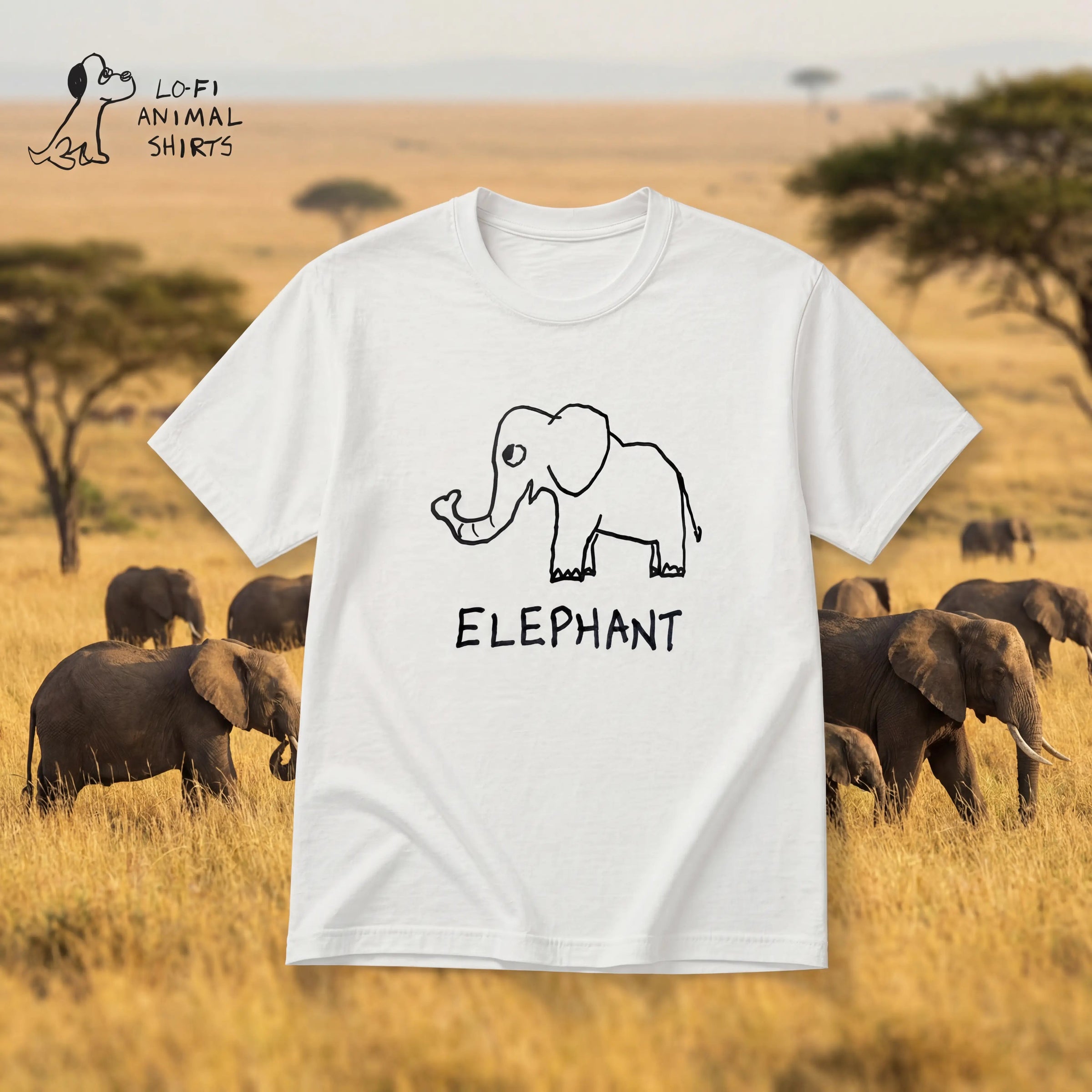 Elephant - LoFi Animal Shirts - a white t-shirt with a lo-fi hand-drawn elephant floats over an African plains background.