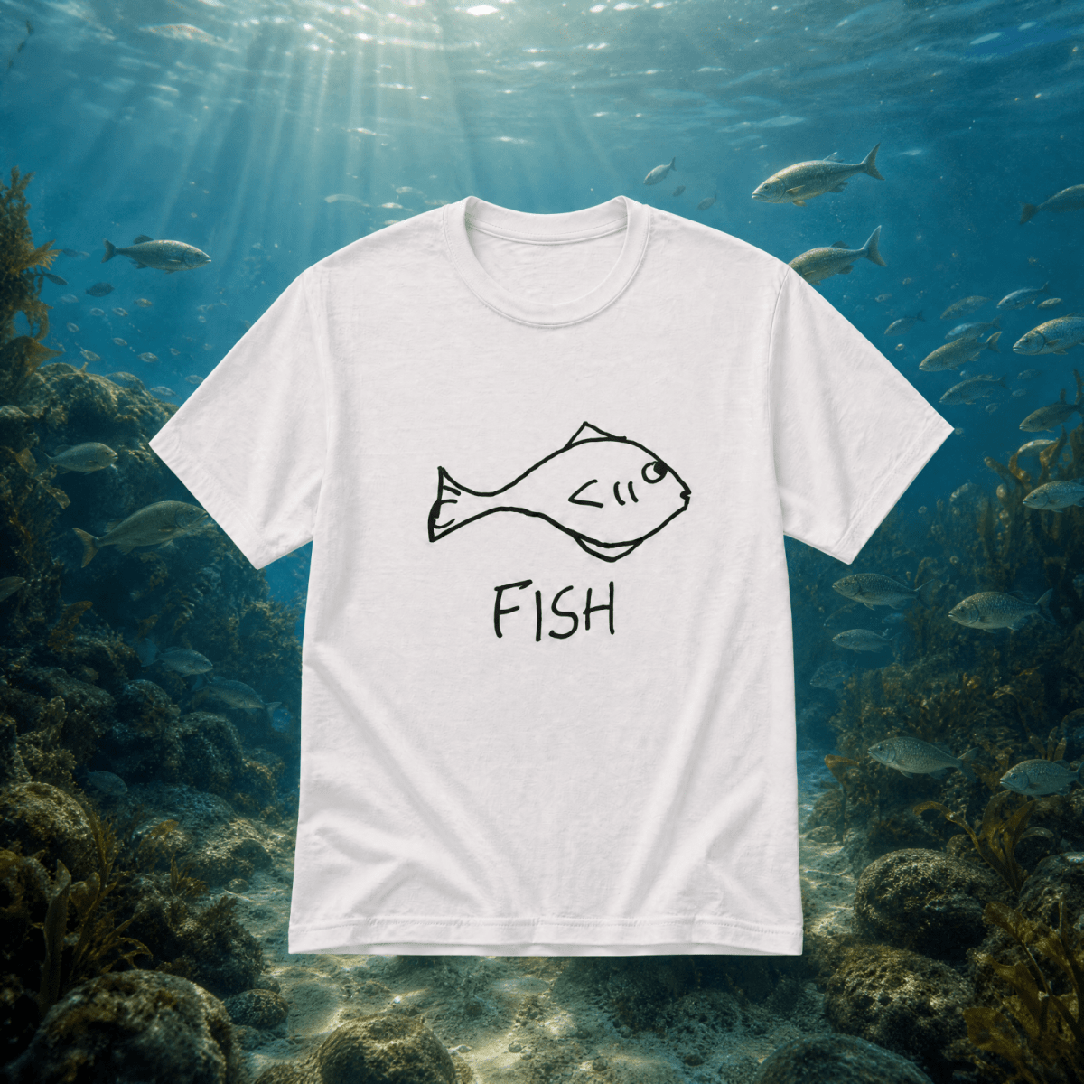 Fish - Lo-fi Animal Shirts - White t-shirt with a hand drawn lo-fi fish graphic, floating over an aquatic background