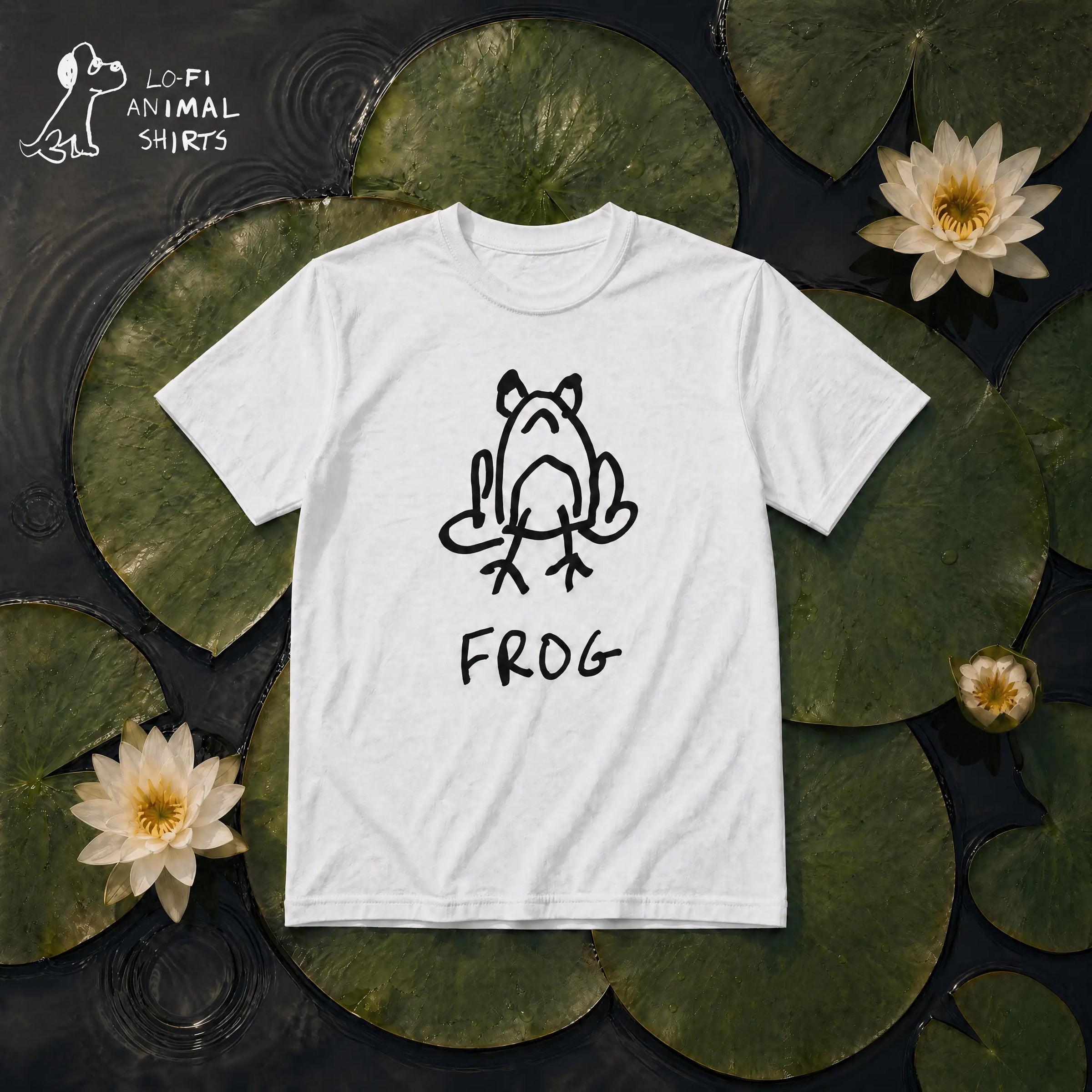 Frog - LoFi Animal Shirts - White t-shirt with a hand drawn lo-fi frog graphic, floating over some lily pads.