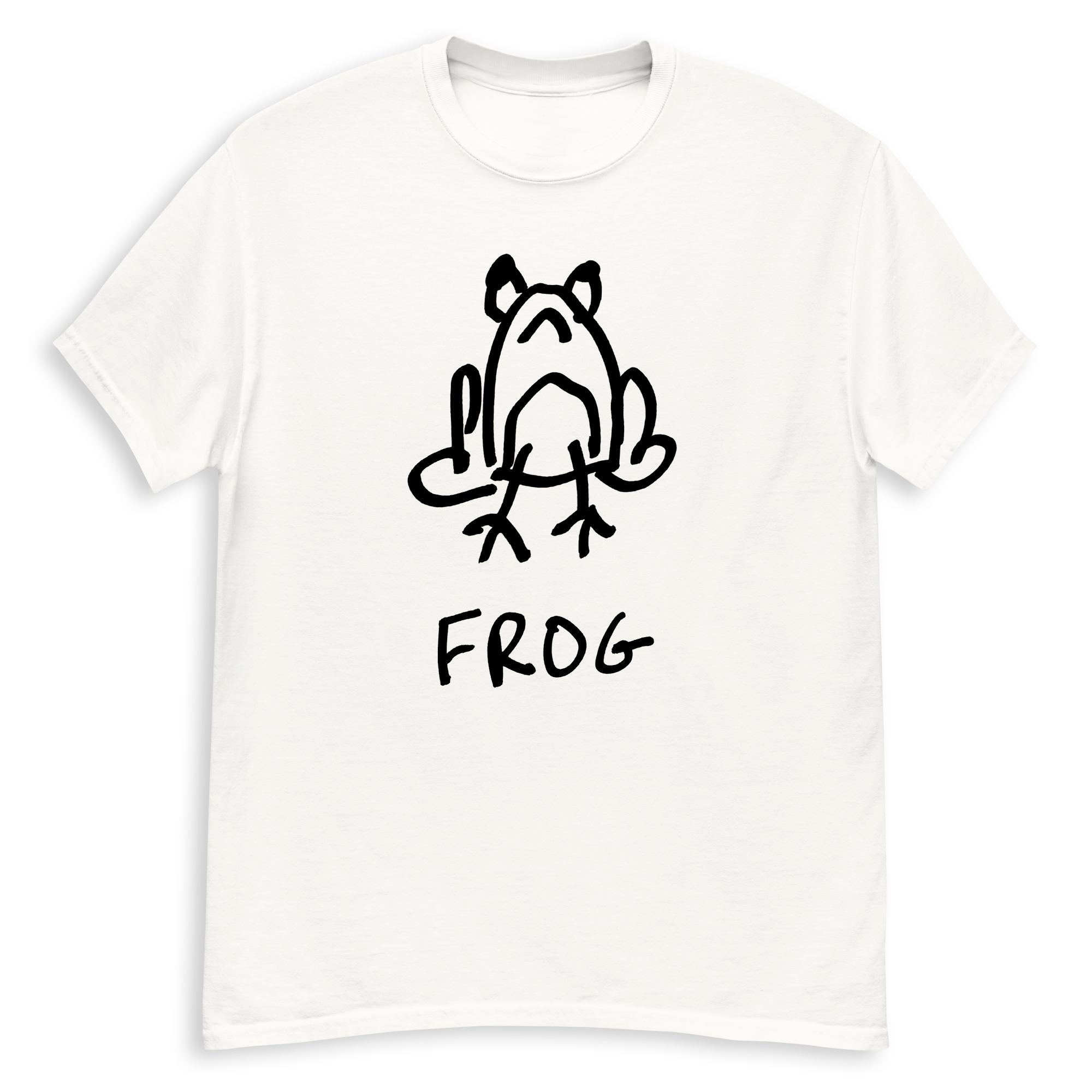 lo-fi hand-drawn graphic of a cartoon frog with handwritten text "FROG"