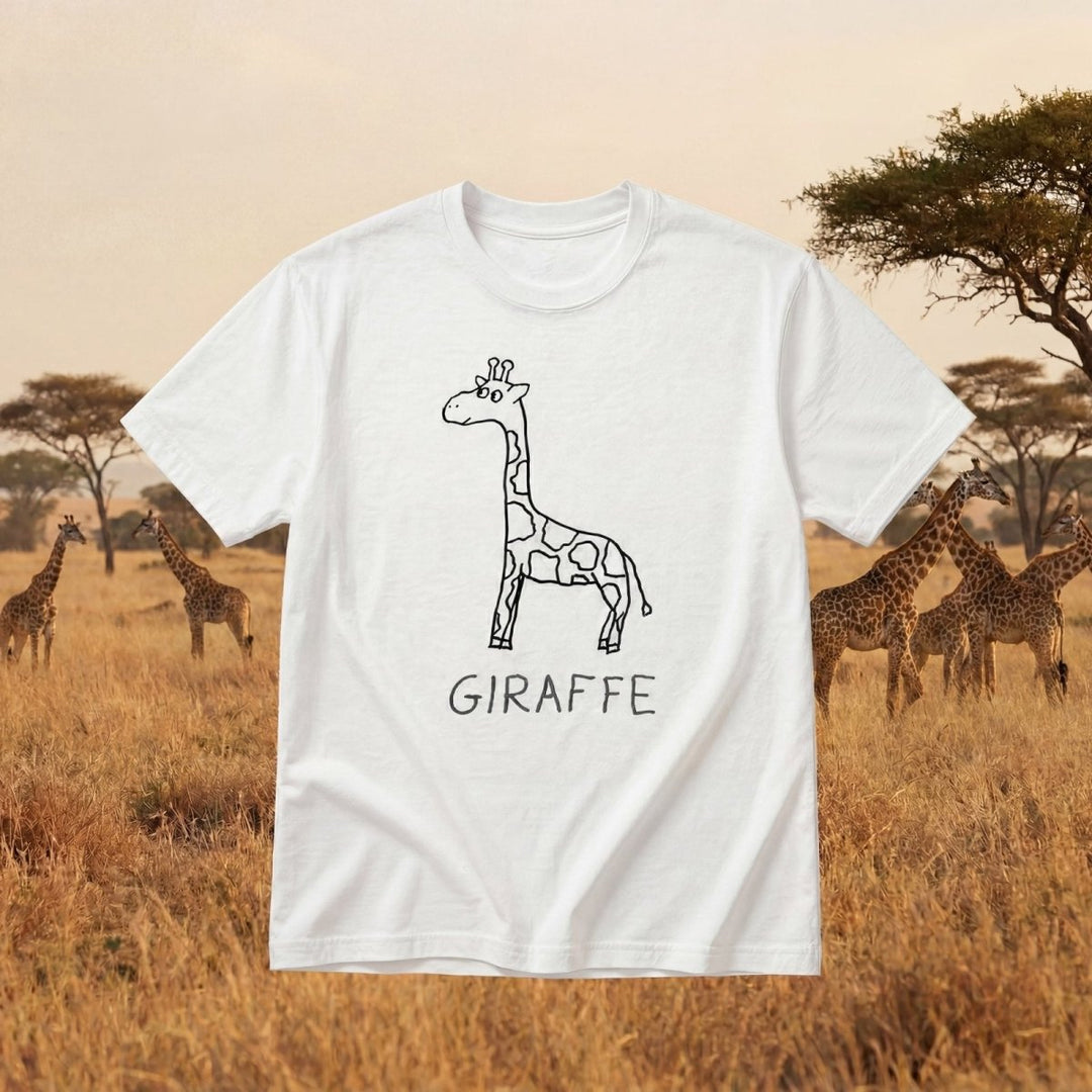 Giraffe - Lo-fi Animal Shirts - A white t-shirt with a lo-fi hand-drawn giraffe, with a savanna background.
