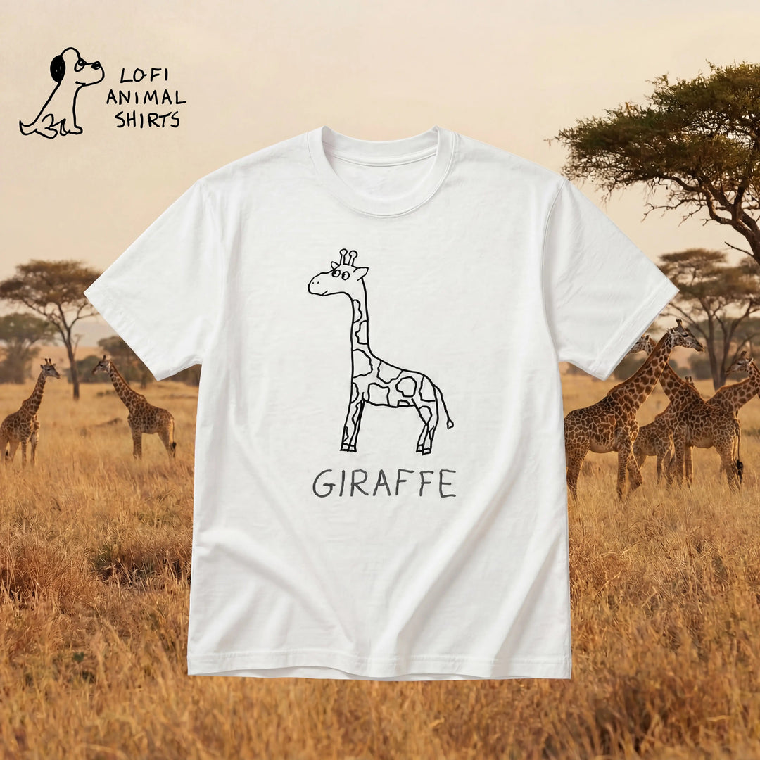 Giraffe - LoFi Animal Shirts - A white t-shirt with a lo-fi hand-drawn giraffe, with a savanna background.