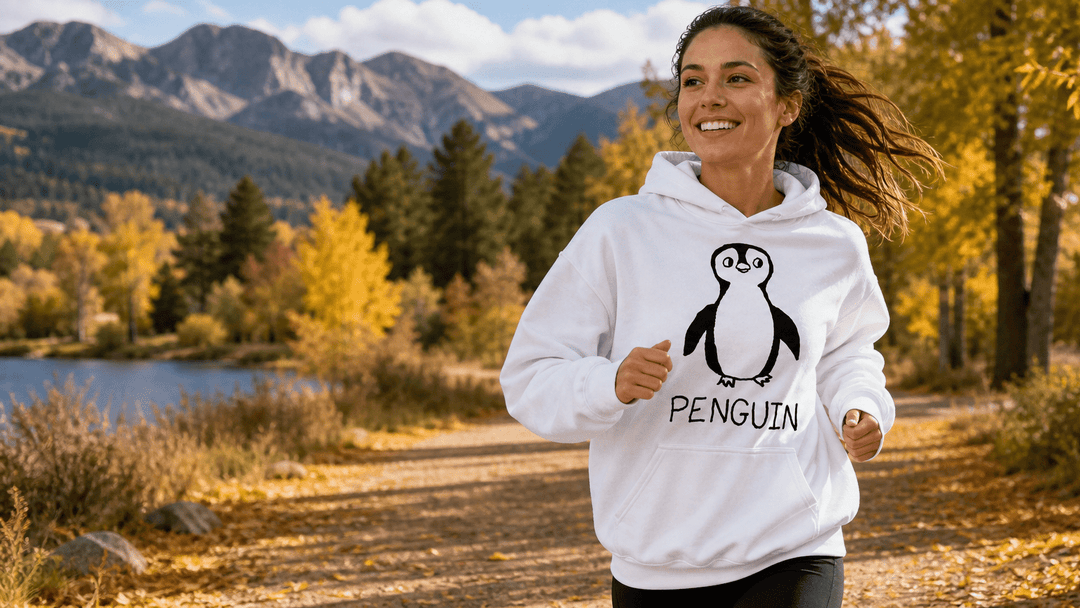 Hoodies - LoFi Animal Shirts - a woman out for a job on a fall day, wearing a white hoodie with a hand-drawn penguin graphic.