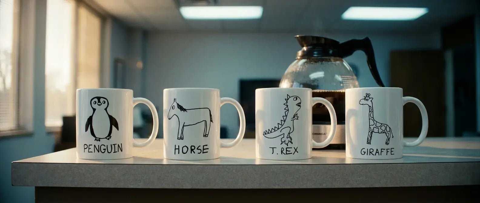 Mugs - LoFi Animal Shirts - Four 20 oz. coffee mugs sit in an office breakroom setting