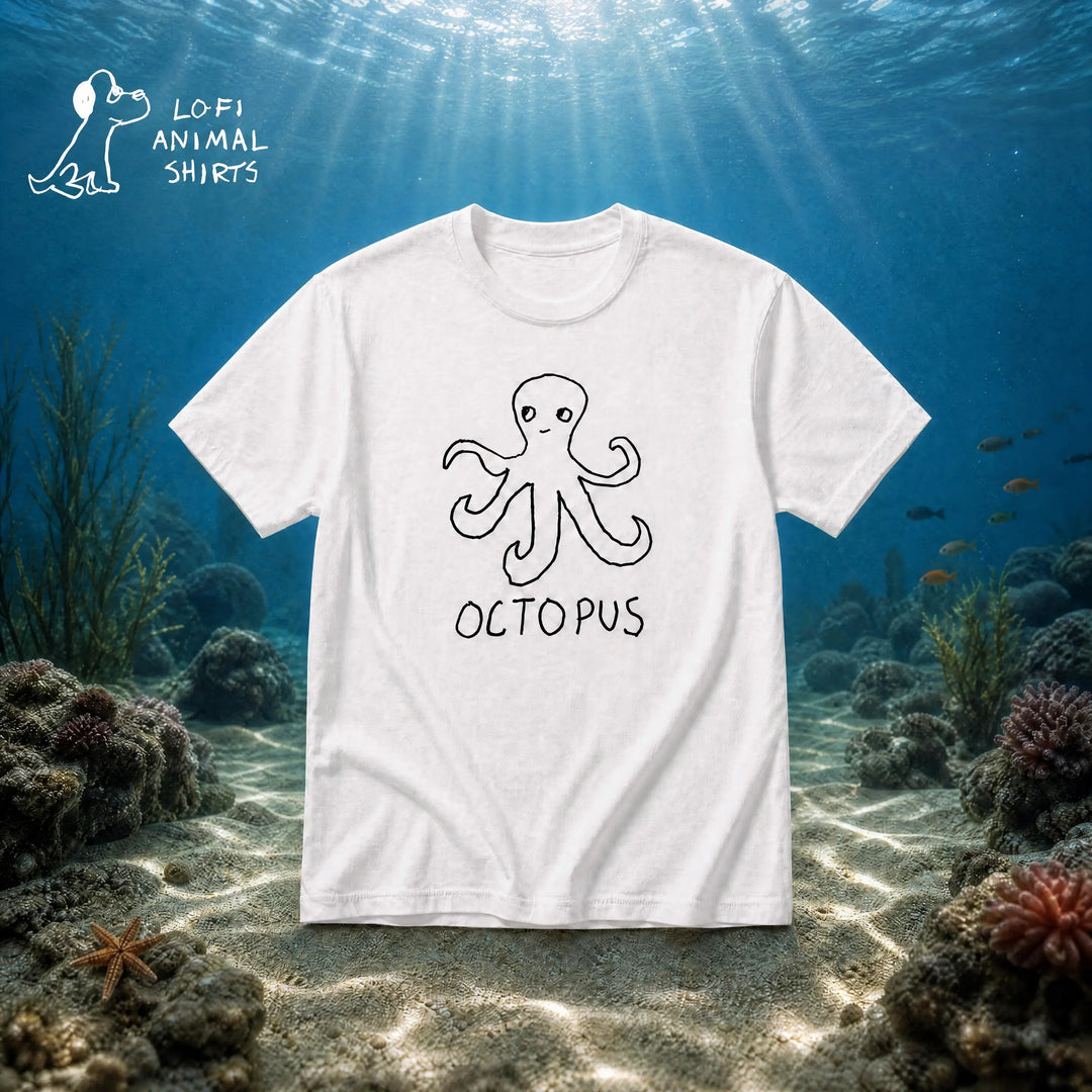 Octopus - LoFi Animal Shirts - a white t-shirt with a lo-fi hand-drawn octopus graphic, floating over an aquatic background.
