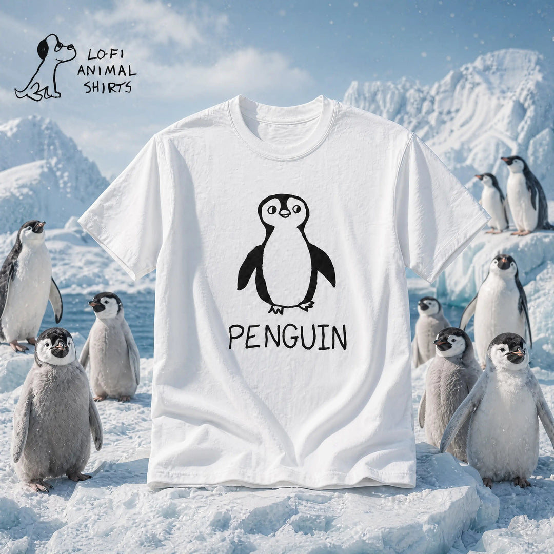 Penguin - LoFi Animal Shirts - white t-shirt with a a lo-fi hand-drawn penguin graphic over an arctic background.