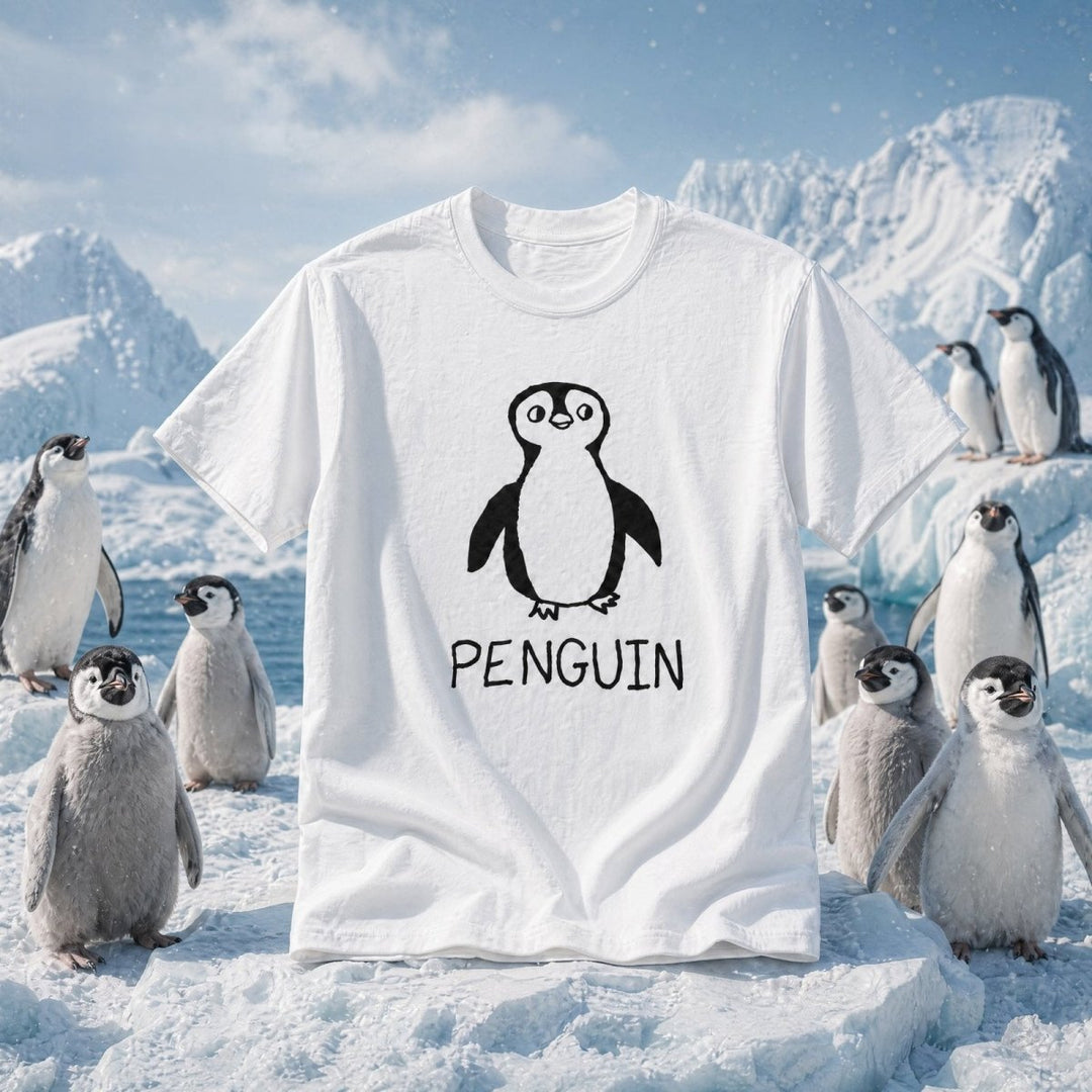 Penguin - Lo-fi Animal Shirts - white t-shirt with a a lo-fi hand-drawn penguin graphic over an arctic background.