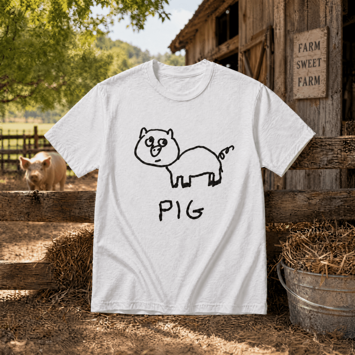 Pig- Lo-fi Animal Shirts - White t-shirt with a hand drawn lo-fi pig graphic, floating over peaceful farm background.