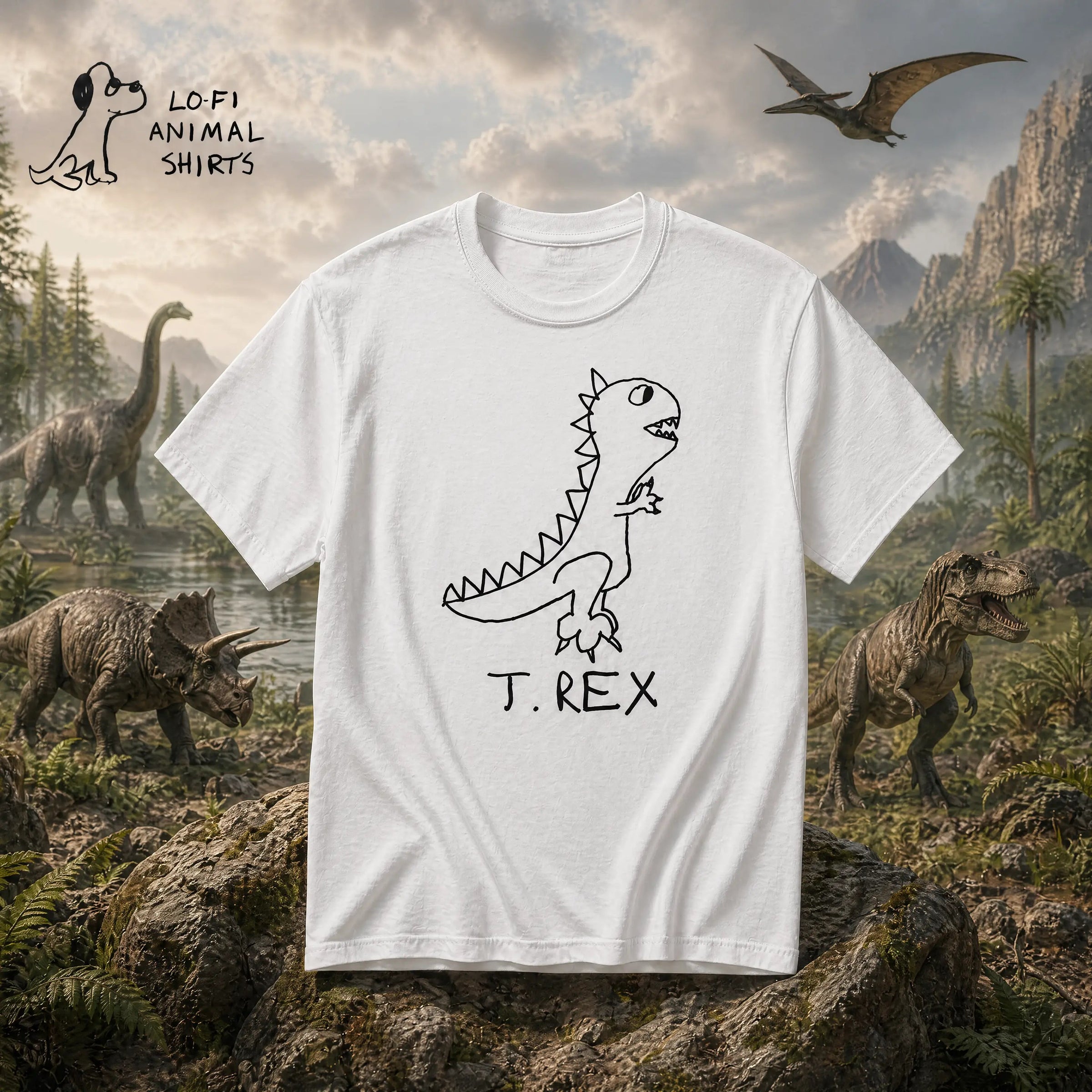 T-Rex - LoFi Animal Shirts - A white t-shirt with a lo-fi hand-drawn T.Rex graphic, floating over an aquatic background.
