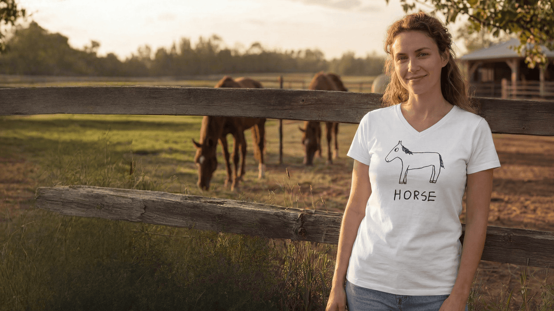 V-Neck T-Shirts - LoFi Animal Shirts - a woman on a ranch, wearing a v-neck t-shirt with a lo-fi hand-drawn horse graphic