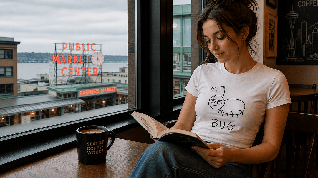Women's Fitted Tees - LoFi Animal Shirts - Woman in a Seattle coffee shop, in a white fitted t-shirt with a hand drawn bug