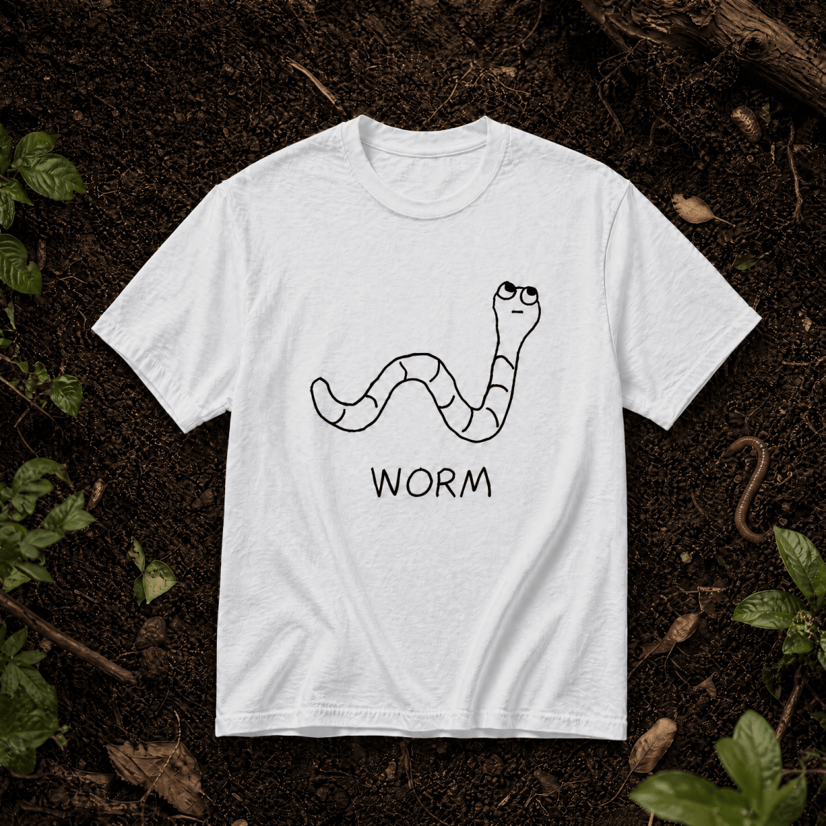 Worm - Lo-fi Animal Shirts - A white t-shirt with a lo-fi hand-drawn worm graphic over a forest dirt background.
