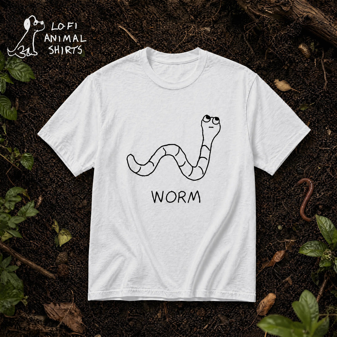 Worm - LoFi Animal Shirts - A white t-shirt with a lo-fi hand-drawn worm graphic over a forest dirt background.
