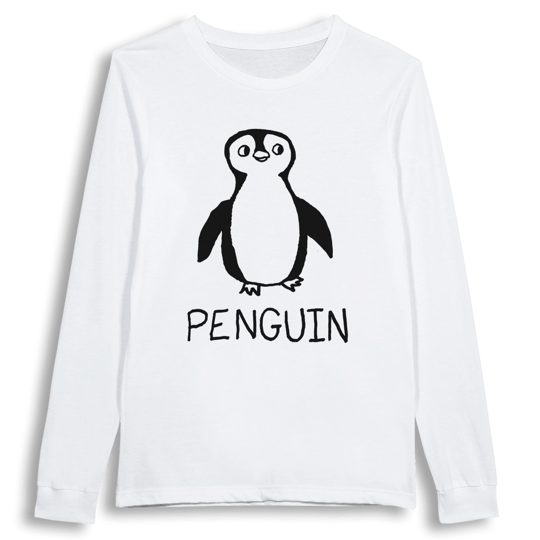 lo-fi Penguin Long Sleeve Tee — hand-drawn penguin graphic on a white long-sleeve t-shirt