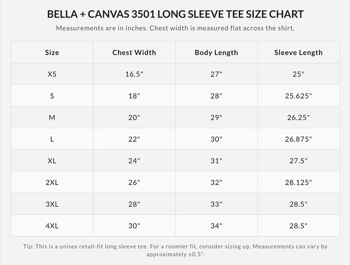 Bella + Canvas 3501 unisex long-sleeve tee size chart in inches