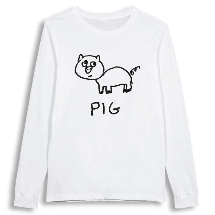 lo-fi Pig Long Sleeve Tee — hand-drawn pig graphic on a white long-sleeve t-shirt